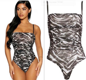 💖NWT: WOMENS NAKED WARDROBE ZEBRA RAUCHED MESH BODYSUIT - SIZE M